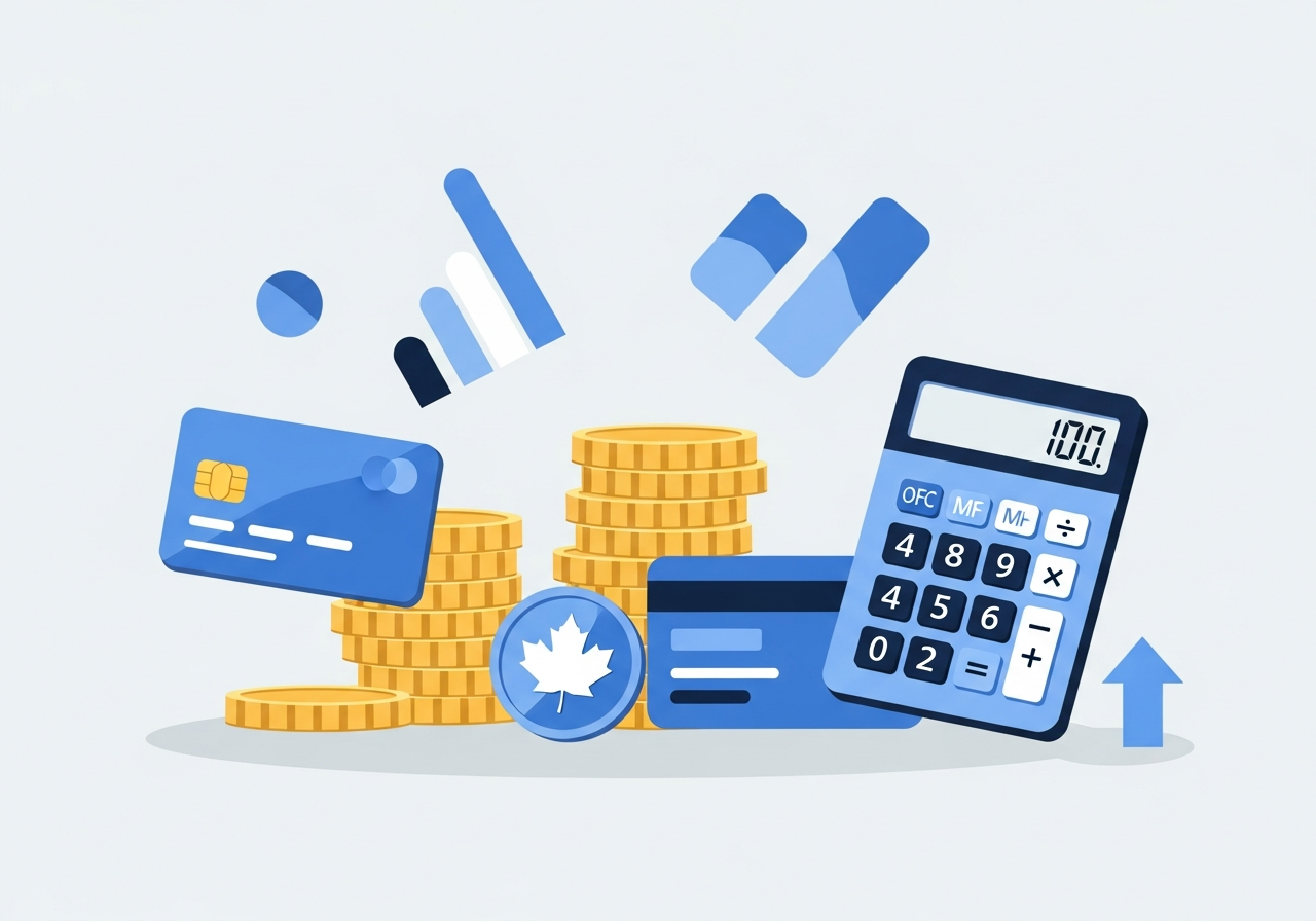 Illustration of stacked coins, a calculator, a credit card and a maple leaf coin representing property accounting