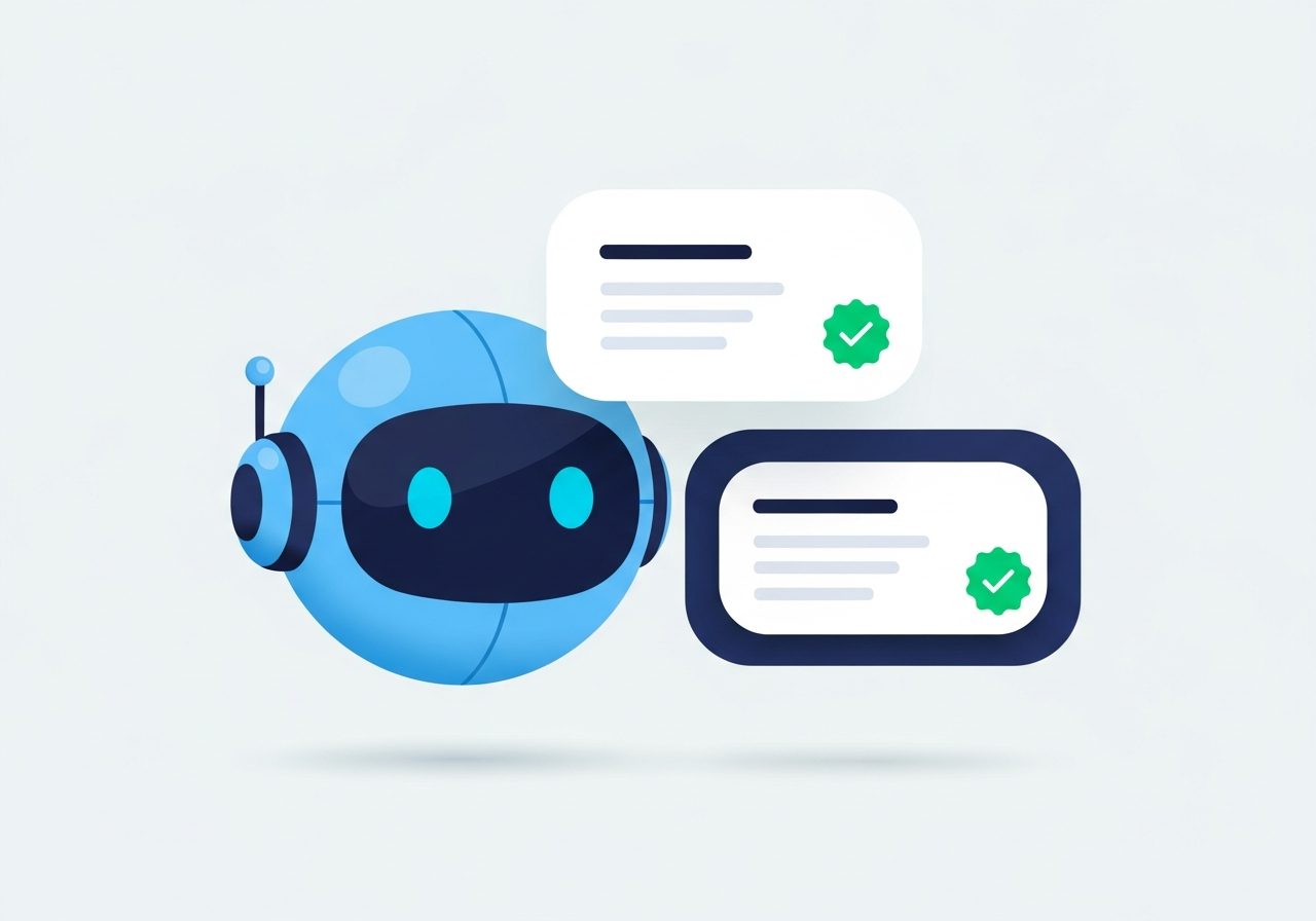 Illustration of a friendly robot assistant beside approved task cards representing AI agents with human oversight