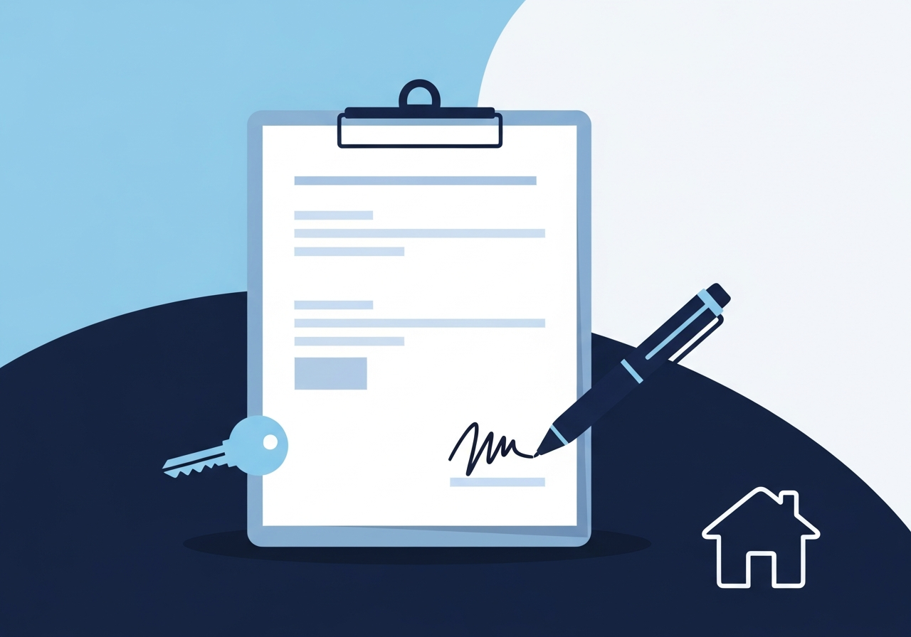 Illustration of a lease document on a clipboard being e-signed, with a key and a house