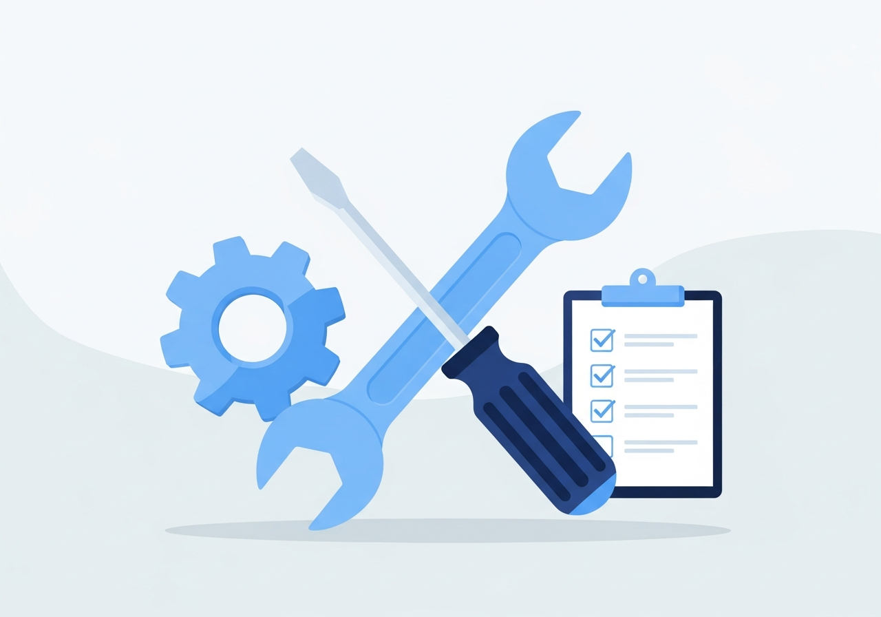 Illustration of a wrench, screwdriver, gear and a checklist representing maintenance work orders