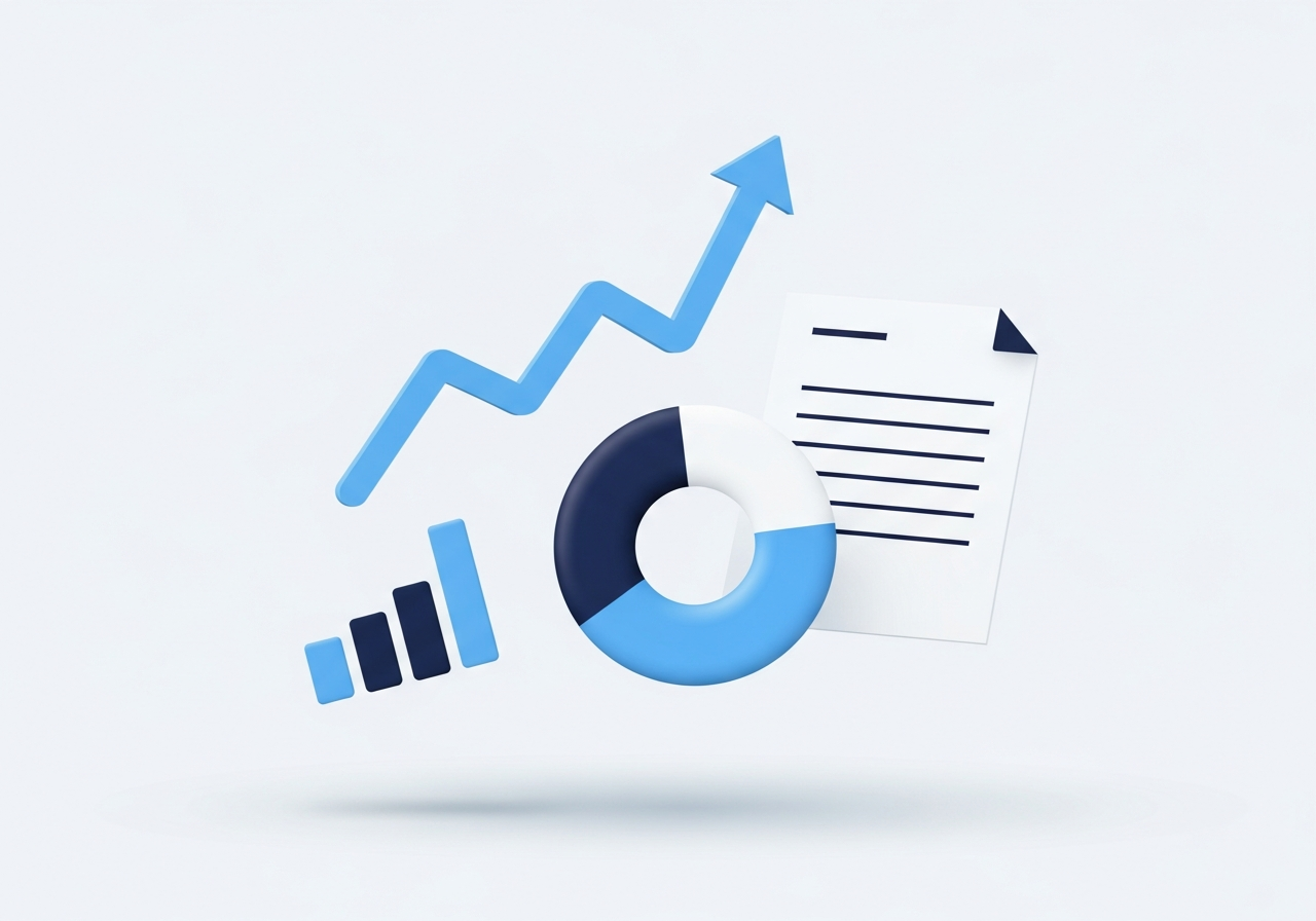 Illustration of an upward line graph, donut chart, bar chart and a statement document representing owner reporting