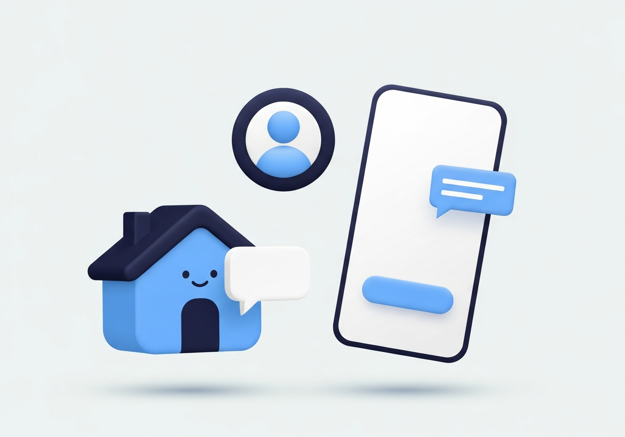 Illustration of a friendly house, a resident avatar and a smartphone with chat bubbles representing the resident portal