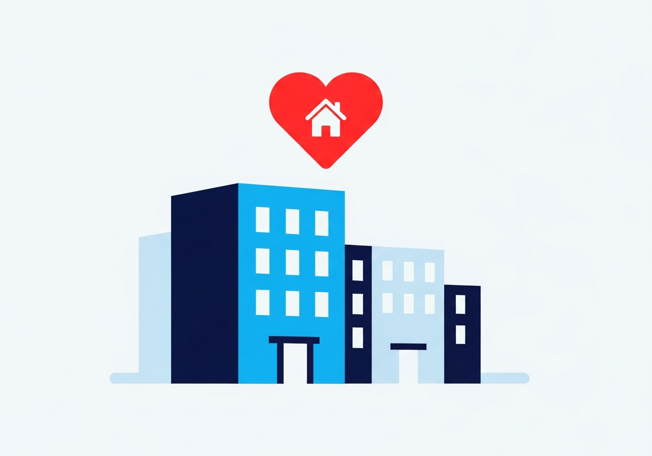 Illustration of an affordable housing building with a heart-home symbol
