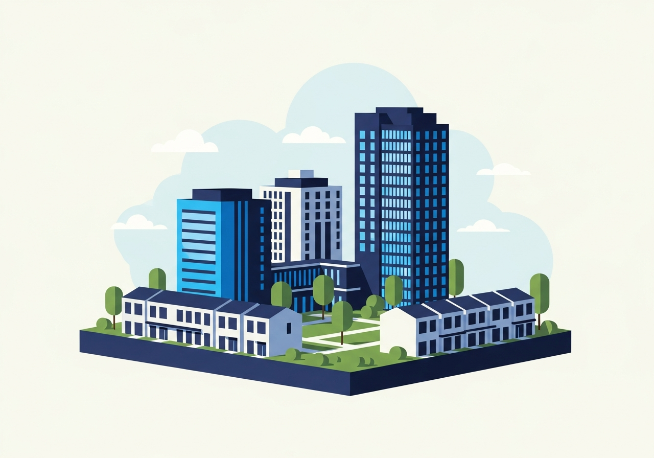 Illustration of condominium towers and townhomes around a courtyard