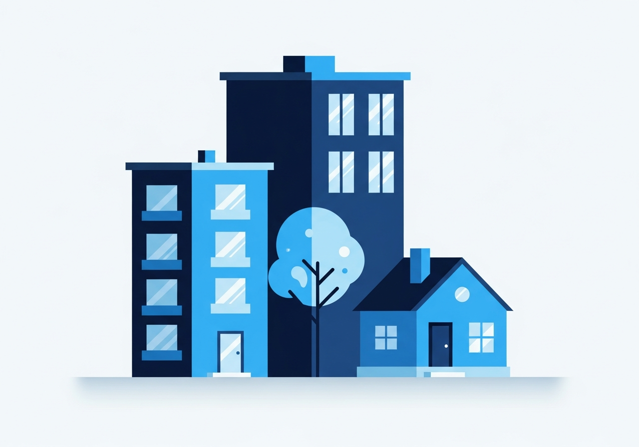 Illustration of an apartment building beside a single-family house
