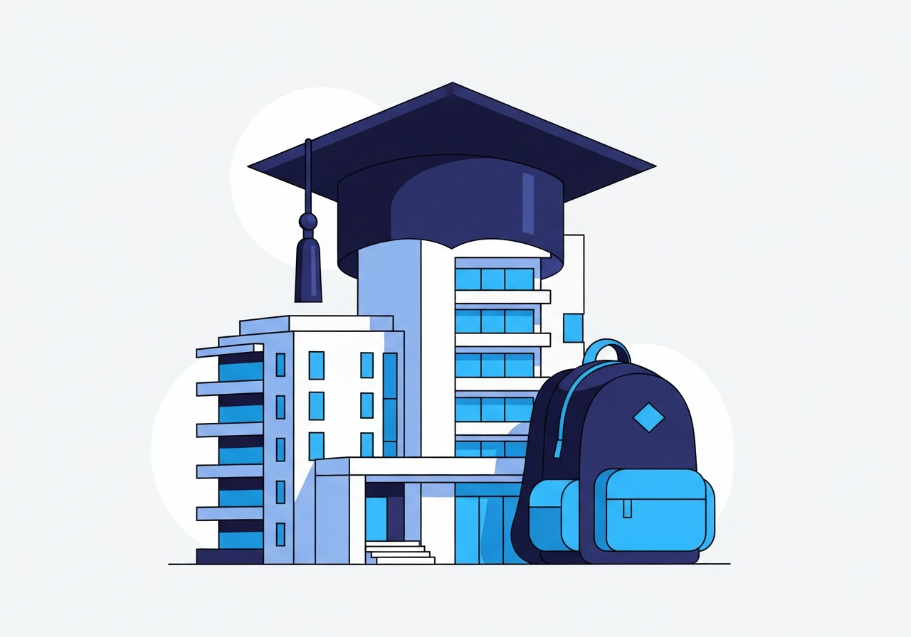 Illustration of a student residence with a graduation cap